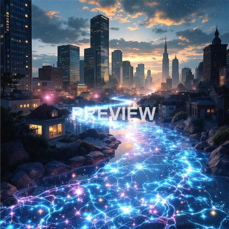 A futuristic cityscape at sunset with a river running through it, overlaid with glowing, electric-like blue and purple energy patterns.